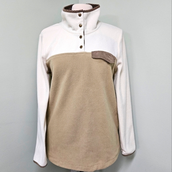 Entro High Neck Fleece Pullover Jacket with Snaps Tan Cream White Size Medium - Picture 1 of 7